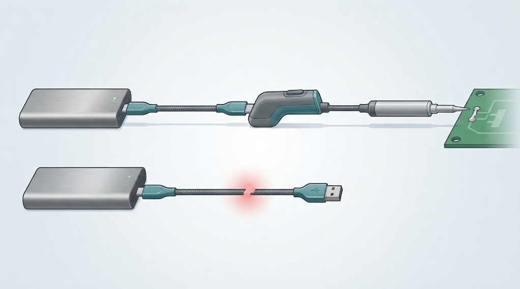 Energy chain connecting a power source, compatible cable or adapter, controller, heater, tip, and representative joint.