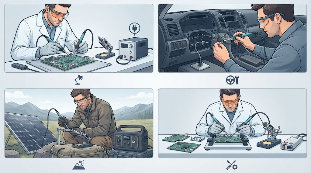 Four-panel comparison of PCB repair, vehicle wiring, outdoor service, and repeated maintenance with safe stands and suitable tips.