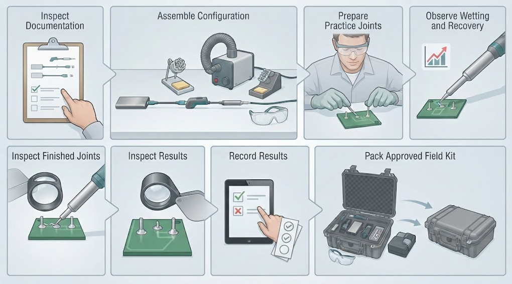 Workflow showing document review, exact kit assembly, three practice joints, observation, inspection, results logging, and field-kit packing.