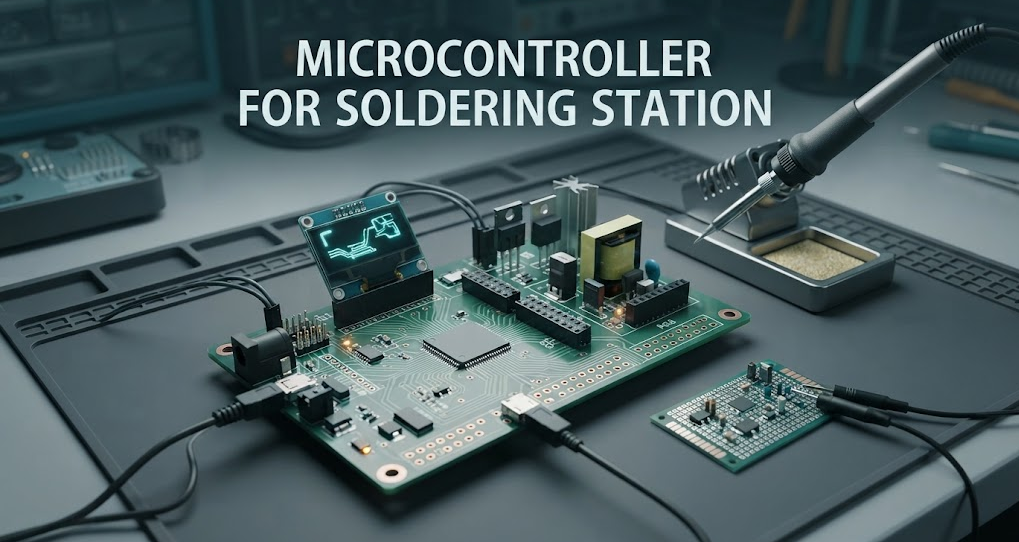 Generic soldering station control board with microcontroller, sensor input, isolated heater stage, display, handle, and safe test coupon under the headline MICROCONTROLLER FOR SOLDERING STATION.