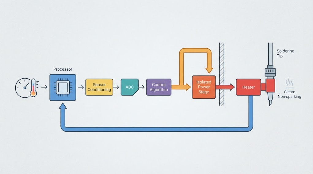 Text-free control-loop diagram showing target temperature, sensor conditioning, ADC, microcontroller, isolated power stage, heater, tip, and feedback arrow.
