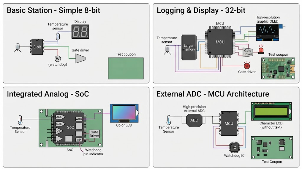 Text-free comparison of basic 8-bit, 32-bit, analog-peripheral, external-ADC, and wireless MCU architectures for a soldering station.