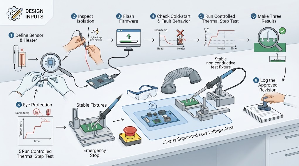 Text-free workflow showing architecture definition, isolation inspection, firmware flashing, fault checks, thermal testing, three representative joints, inspection, and revision logging.