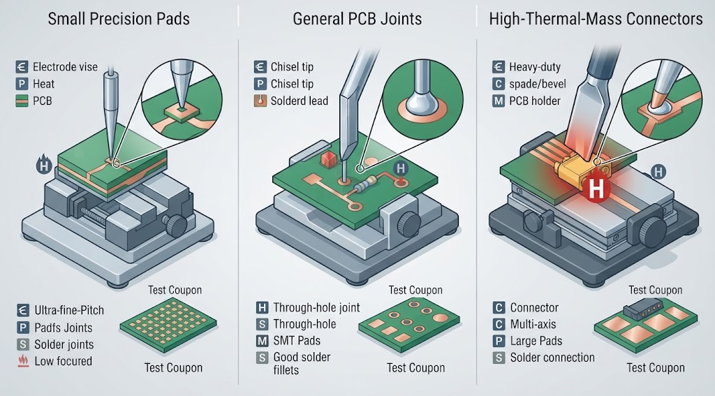 Three-panel technical illustration comparing soldering-system families across fine pads, general PCB joints, and high-thermal-mass connectors.