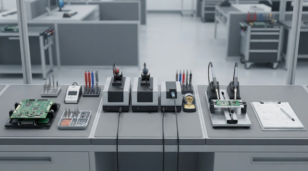 B2B procurement scene with three soldering stations, interchangeable handles and tips, calibration equipment, service parts, and a side-by-side qualification setup.