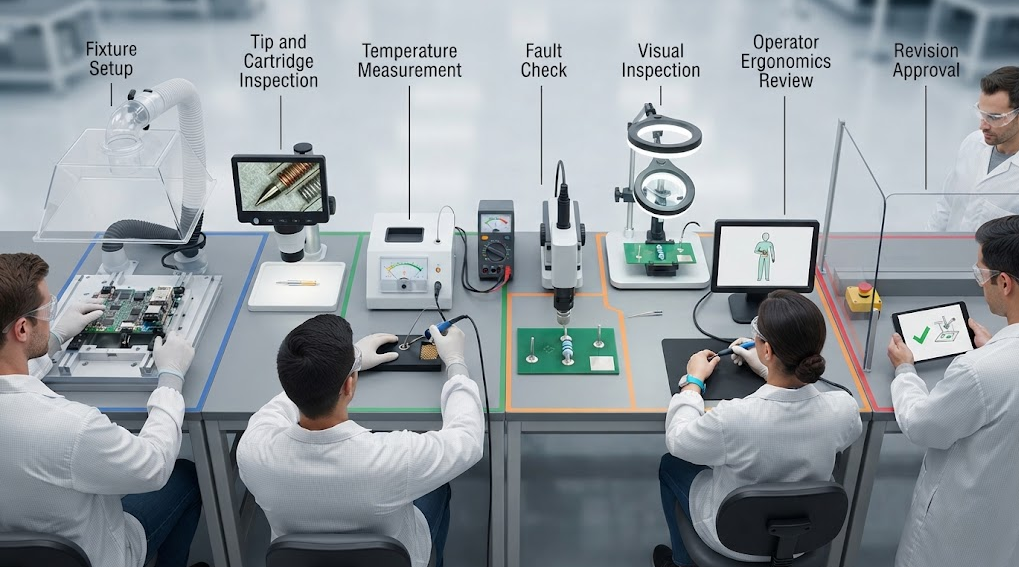 Text-free workflow showing fixture setup, tip inspection, temperature measurement, fault checks, three representative joints, inspection, ergonomics review, and revision approval.