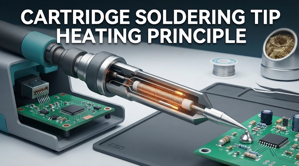 Cutaway cartridge soldering tip showing an internal heater, nearby sensor, metal tip body, connector, controller board, and safe solder joint under the headline CARTRIDGE SOLDERING TIP HEATING PRINCIPLE.