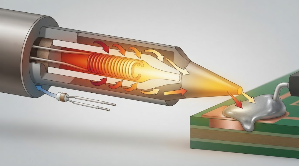 Text-free cutaway illustration showing heat flow from a cartridge heater through the metal tip body to solder and a PCB pad, with a nearby sensor.