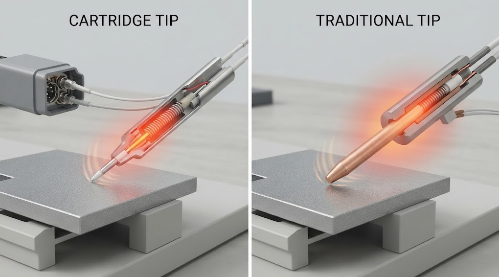 Text-free comparison of an integrated cartridge tip and a separated-heater tip approaching the same test coupon with different sensor distances and thermal paths.