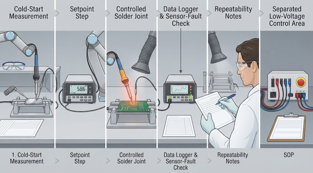 Text-free laboratory workflow showing cold-start measurement, setpoint step, controlled solder joint, temperature probe, data logger, fault check, and repeatability review.