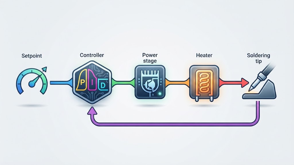 Text-free PID feedback illustration showing a setpoint, temperature sensor, controller, power stage, heater, soldering tip, and feedback arrow.