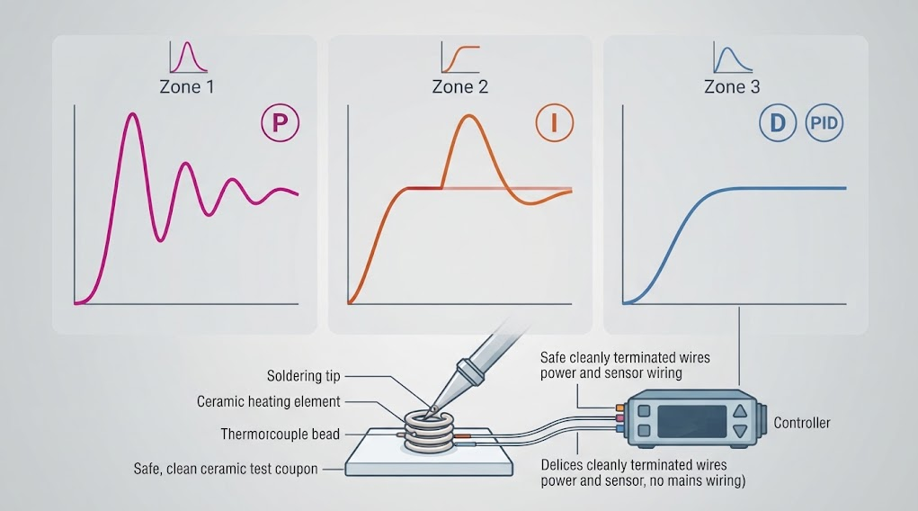 Unlabeled temperature-response comparison showing excessive proportional action, integral windup during saturation, and a damped settling response for a soldering station.