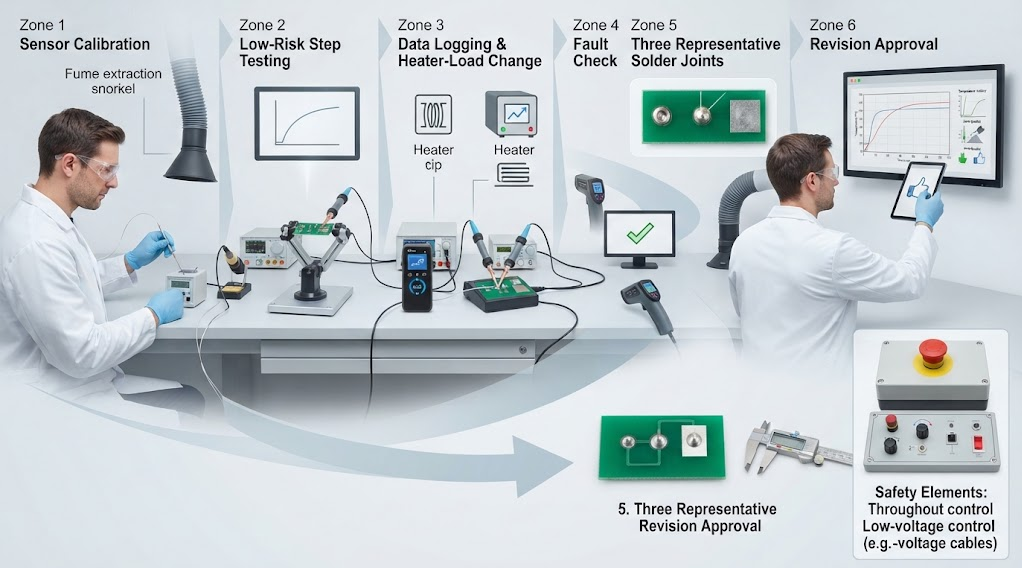 Text-free laboratory workflow showing sensor calibration, step testing, data logging, heater-load change, fault check, representative solder joints, and revision approval.